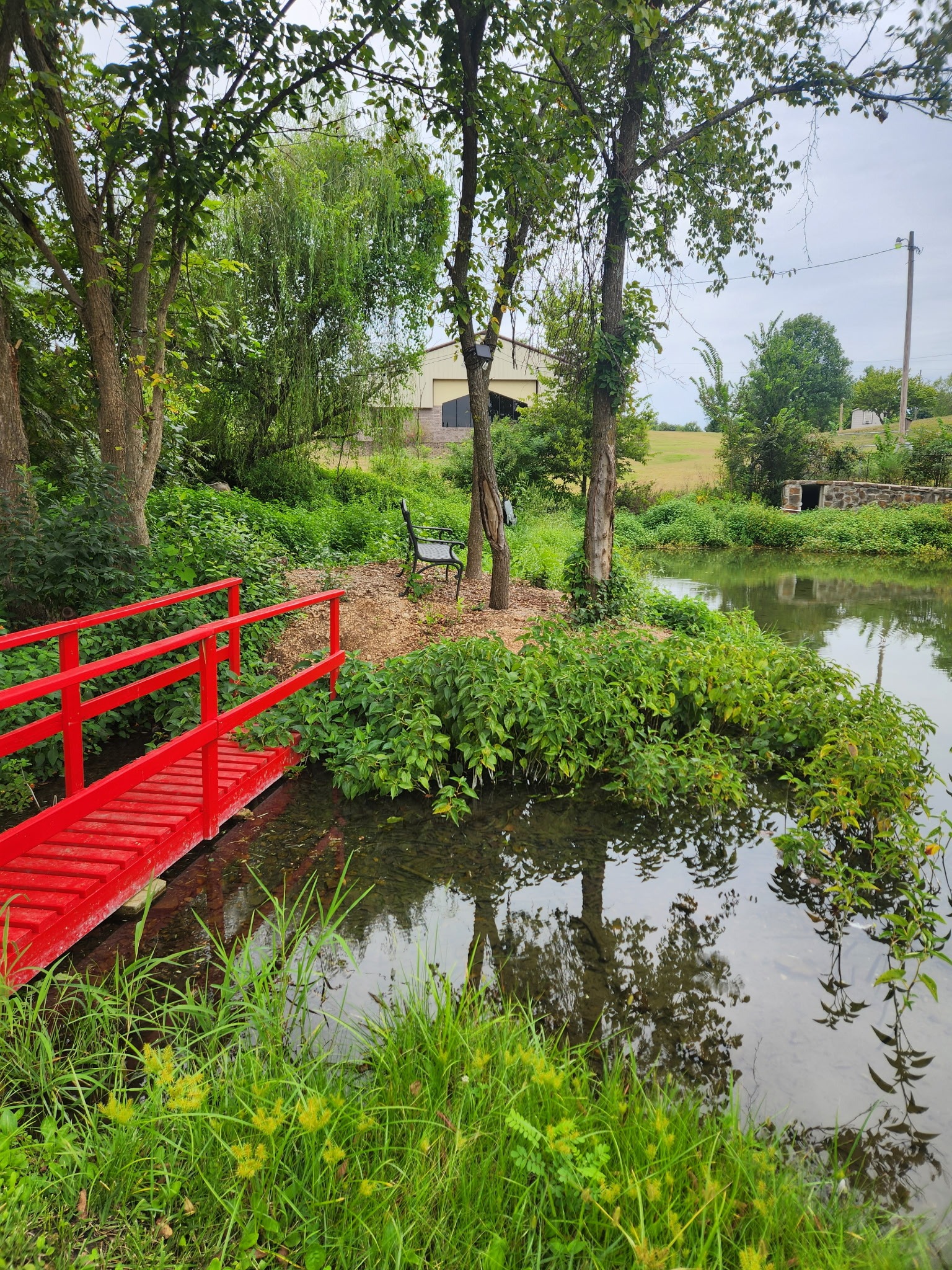 Red bridge crossing a tranquil pond, with a bench nestled among trees. Lush greenery and a nearby building complete the serene landscape.